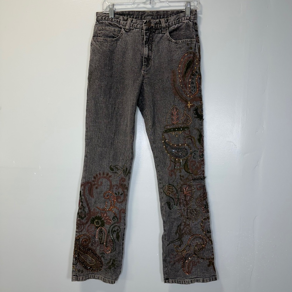 Chicos Y2K Embroidered Sequin‎ Straight Leg Jeans Faded Black Size 0.5 27x30